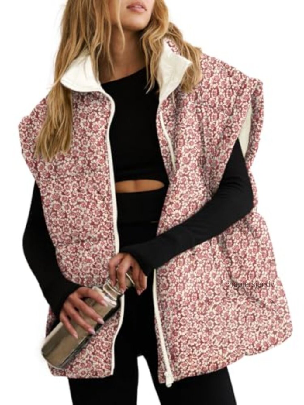 Oversized Floral Quilted Puffer Vest Zip Up Cap Sleeve Winter Layering